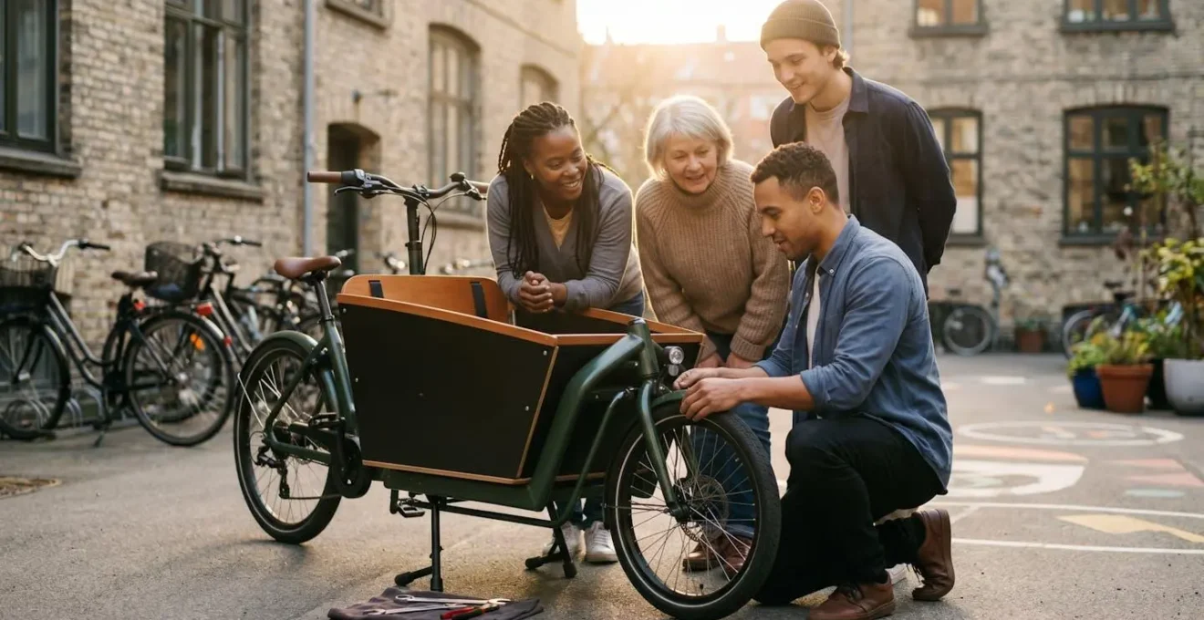 Groupe de voisins examinant ensemble un vélo cargo dans une cour d'immeuble