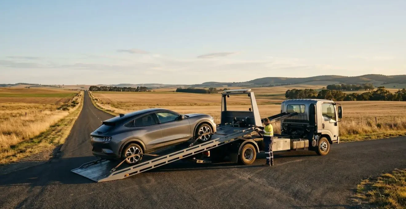 Camion plateau spécialisé chargeant une voiture électrique en panne sur une route de campagne isolée