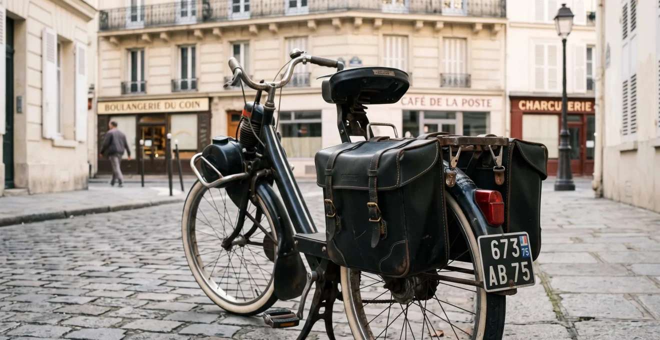 VéloSolex 3800 vintage noir stationné sur rue pavée avec sacoches latérales en skaï montées sur porte-bagage arrière, façades urbaines françaises en arrière-plan