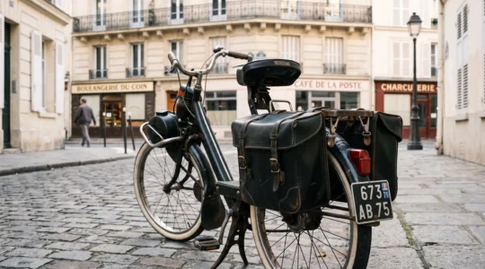 VéloSolex 3800 vintage noir stationné sur rue pavée avec sacoches latérales en skaï montées sur porte-bagage arrière, façades urbaines françaises en arrière-plan