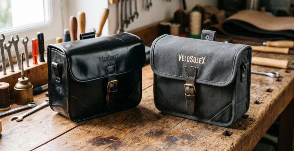 Gros plan comparatif de deux sacoches VéloSolex côte à côte, une en skaï noir brillant et une en tissu gris mat, posées sur établi en bois Gros plan comparatif de deux sacoches VéloSolex côte à côte, une en skaï noir brillant et une en tissu gris mat, posées sur établi en bois