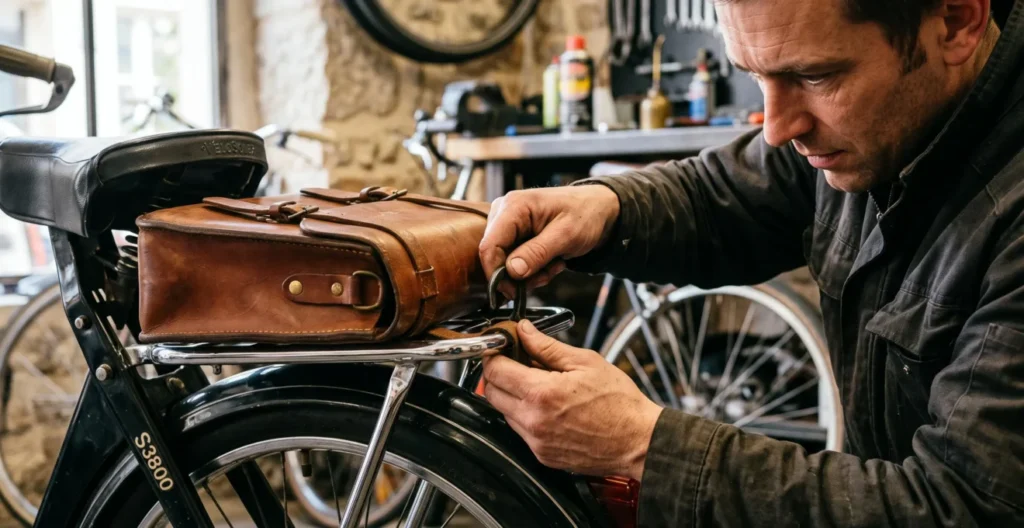 Mains d'un homme fixant une sacoche marron sur le porte-bagage chromé d'un VéloSolex, système de crochets métalliques en cours d'engagement Mains d'un homme fixant une sacoche marron sur le porte-bagage chromé d'un VéloSolex, système de crochets métalliques en cours d'engagement